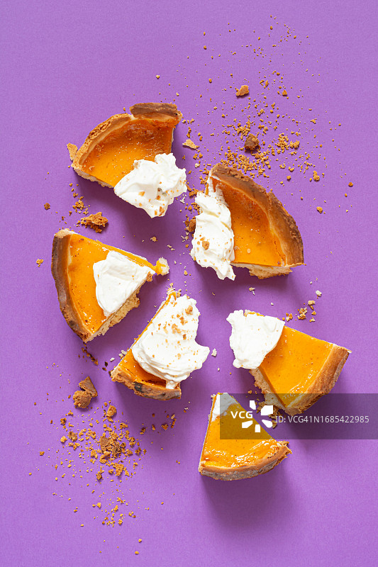 紫色背景上的南瓜派，感恩节甜点图片素材