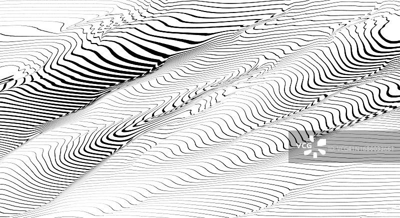 抽象几何扭曲地形波浪背景。黑白3D漩涡物体形状。极简主义静物风格图片素材