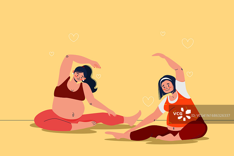孕妇瑜伽课程插画概念：孕妇通过瑜伽保持健康，呵护自身健康的幸福母亲形象图片素材