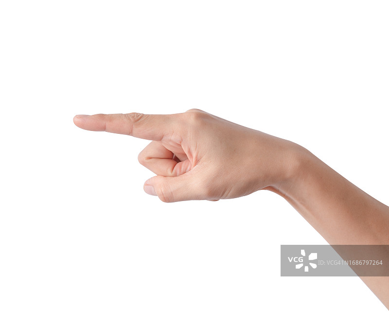 女人手指向白色背景上的某物图片素材