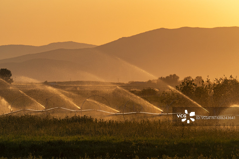 美国爱达荷州贝尔维尤，日落时分山景下的农田灌溉系统图片素材