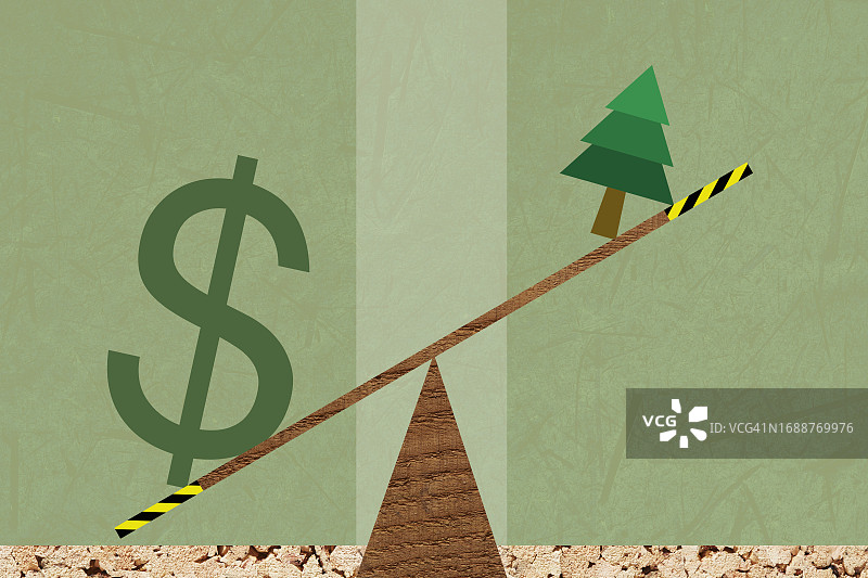 失衡跷跷板上的美元符号与树木图片素材