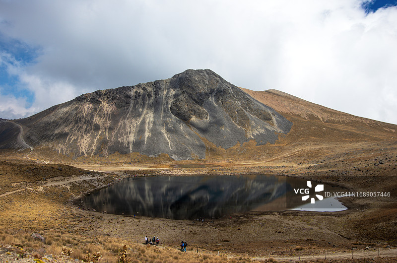 从步道上欣赏墨西哥托卢卡火山月亮湖的小群人图片素材