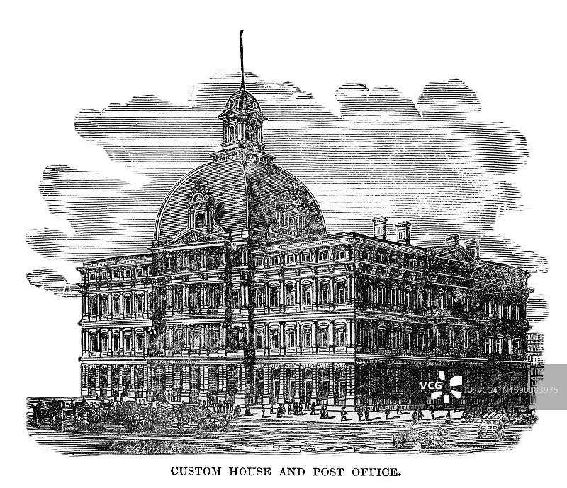 美国海关大楼和邮局古老版画插图，位于美国密苏里州圣路易斯市中心橄榄街815号图片素材