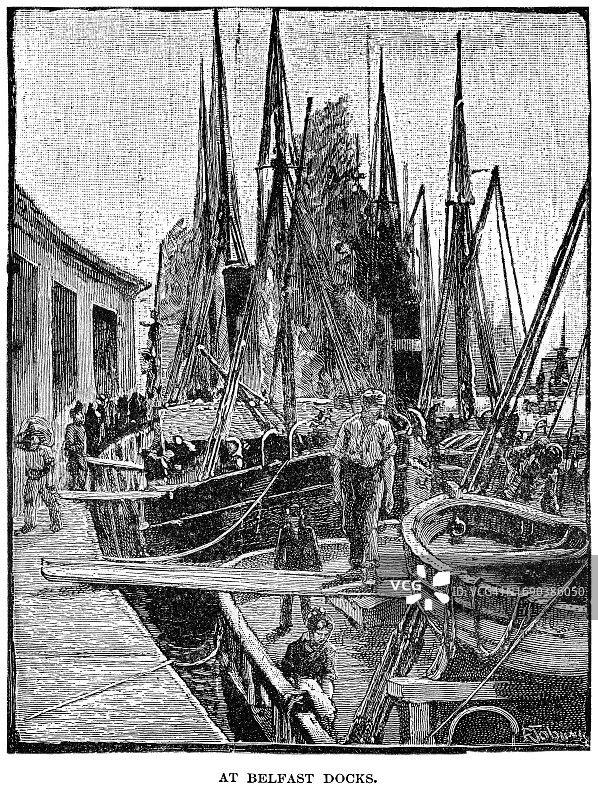 北爱尔兰贝尔法斯特码头古老雕刻插图图片素材