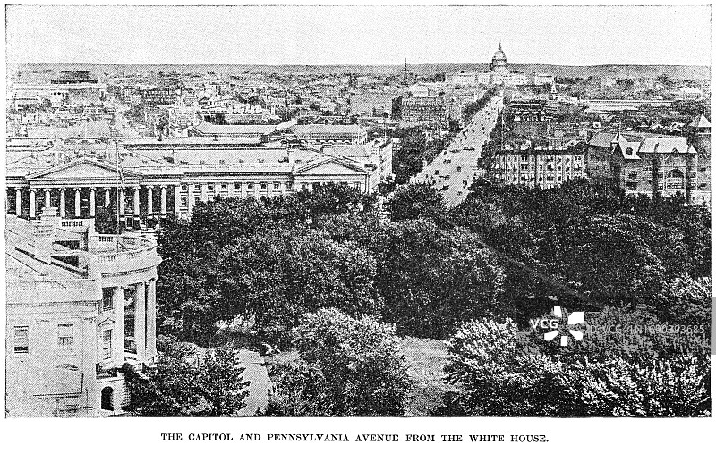 美国国会大厦和宾夕法尼亚大道的旧插图图片素材