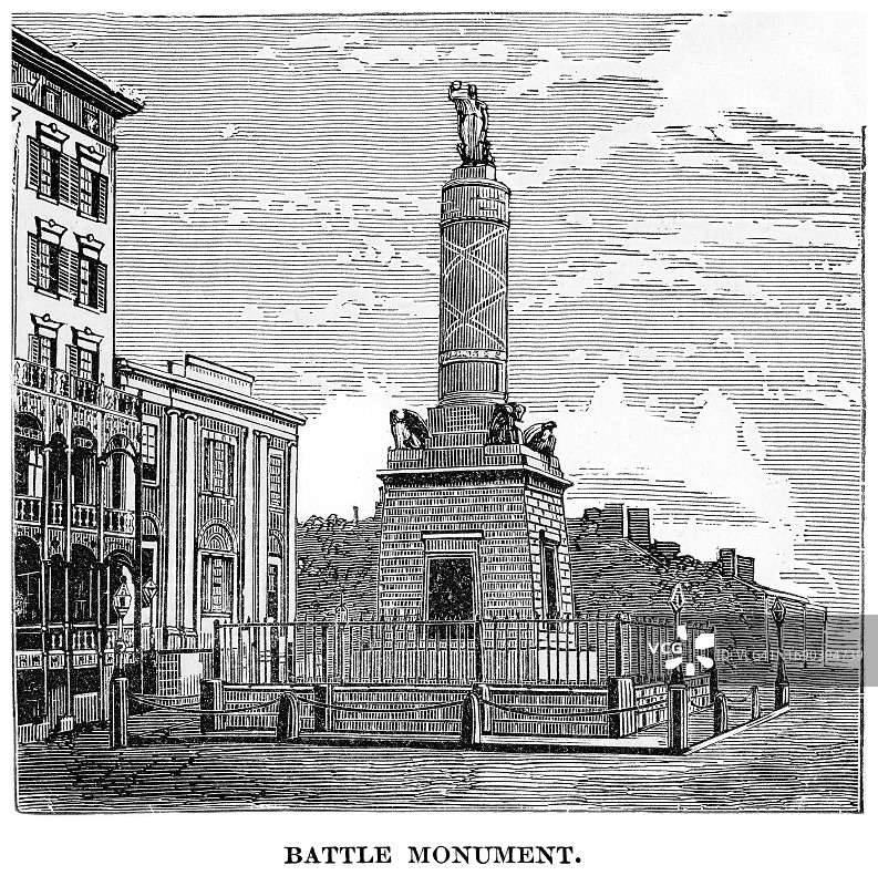 美国马里兰州巴尔的摩市战争纪念碑古版画插图图片素材