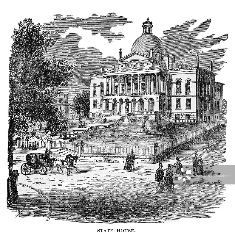 马萨诸塞州议会大厦古版画图片素材