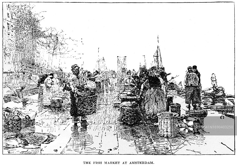 荷兰阿姆斯特丹鱼市古老雕刻插图图片素材