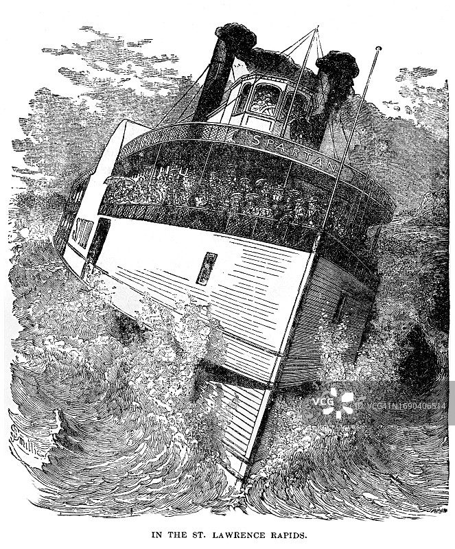 古老的版画插图：船只进入加拿大圣劳伦斯河的拉欣急流图片素材