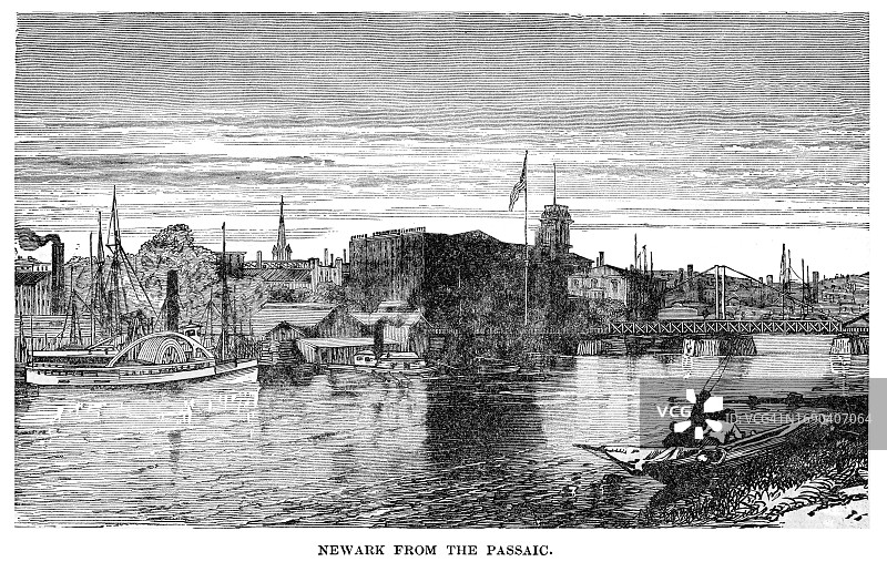 新泽西州纽瓦克市帕塞克河畔的古老雕刻插图图片素材