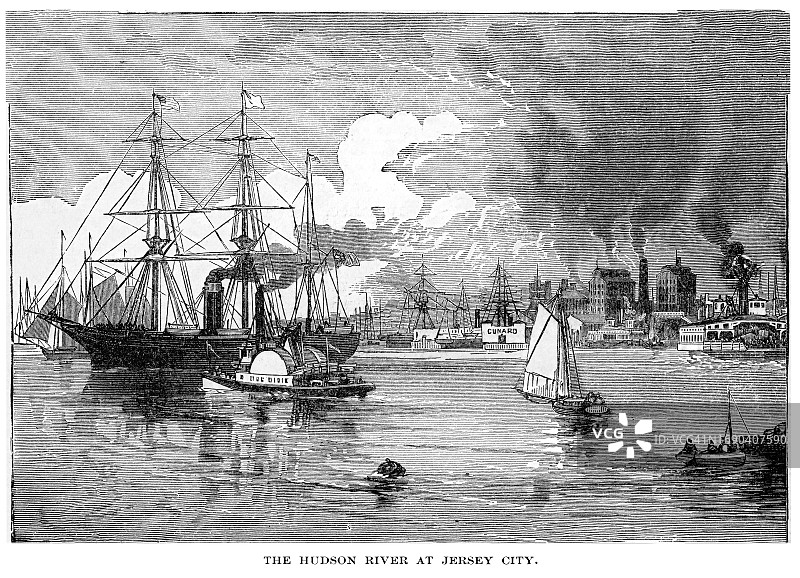 美国新泽西州泽西市哈德逊河老式雕刻插图图片素材