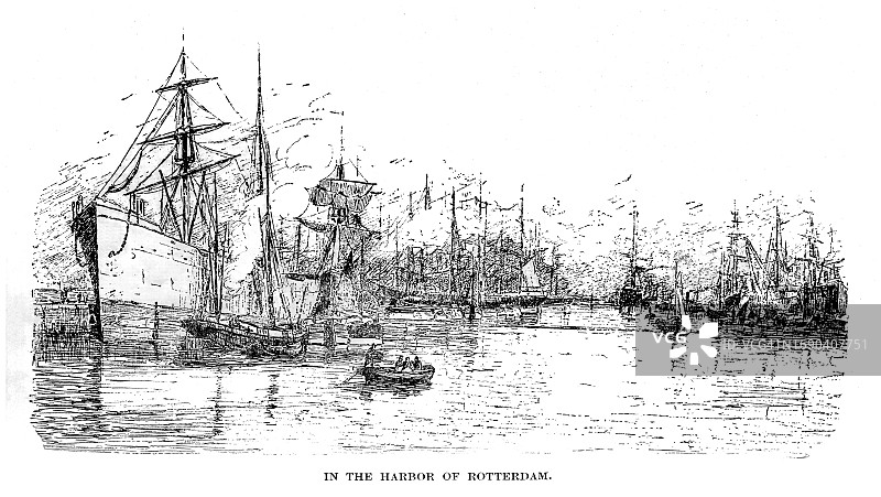 荷兰鹿特丹港口的古老雕刻插图图片素材