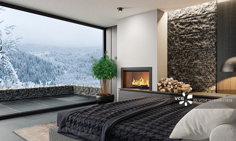 带壁炉的现代简约卧室图片素材