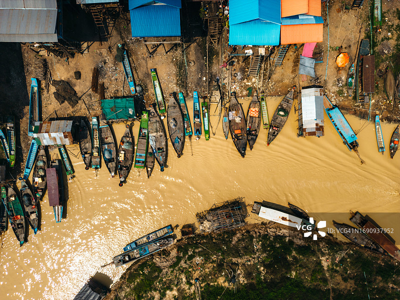 柬埔寨暹粒贡布鲁漂浮村鸟瞰图图片素材