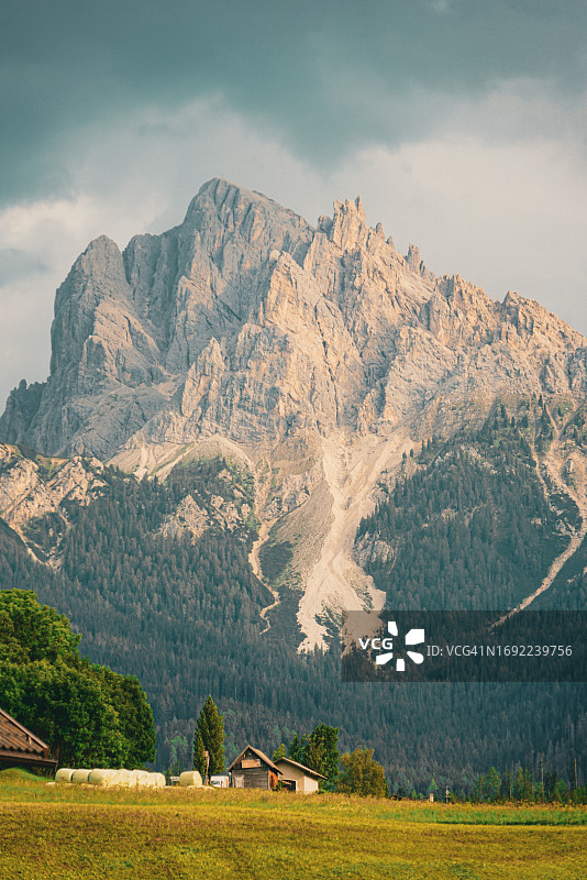 意大利博尔扎诺多洛米蒂山脉和农田的夏季景色图片素材