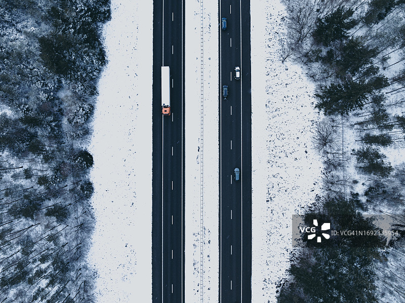 从上方看到的穿过白雪皑皑森林景观的公路图片素材