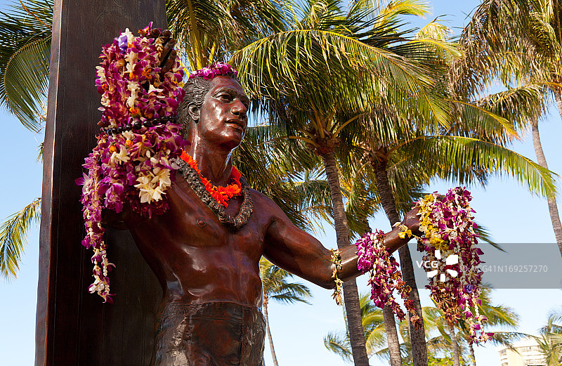 威基基海滩的杜克·卡哈纳莫库雕像图片素材