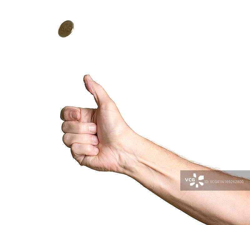 男人手臂和手抛掷金币图片素材