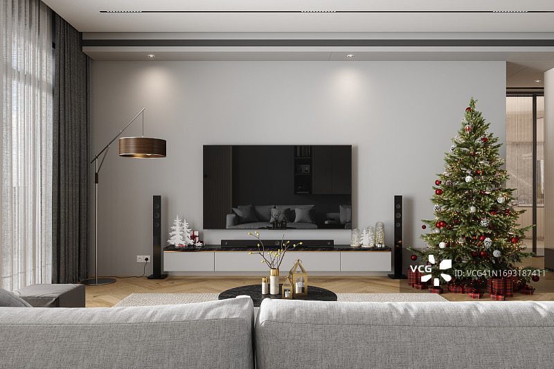 带圣诞树装饰礼品盒液晶电视的现代客厅内饰图片素材