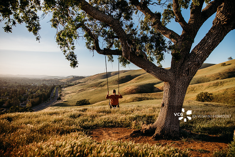 在绿色山丘上荡树秋千的年轻女人图片素材