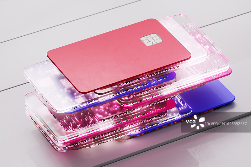 金融科技创新：连接金融科技和人工智能，未来彩色信用卡和数字数据流的数字生成图像，数据洞察图片素材