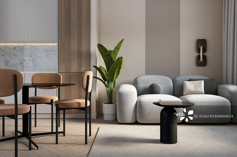 现代小型公寓客厅内饰3D渲染图片素材