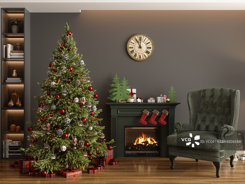 带有圣诞树、装饰品、礼品盒、壁炉和扶手椅的现代客厅内景图片素材