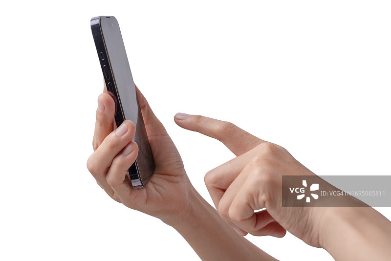 手持智能手机样机，手指指向空白手机屏幕点击播放图片素材