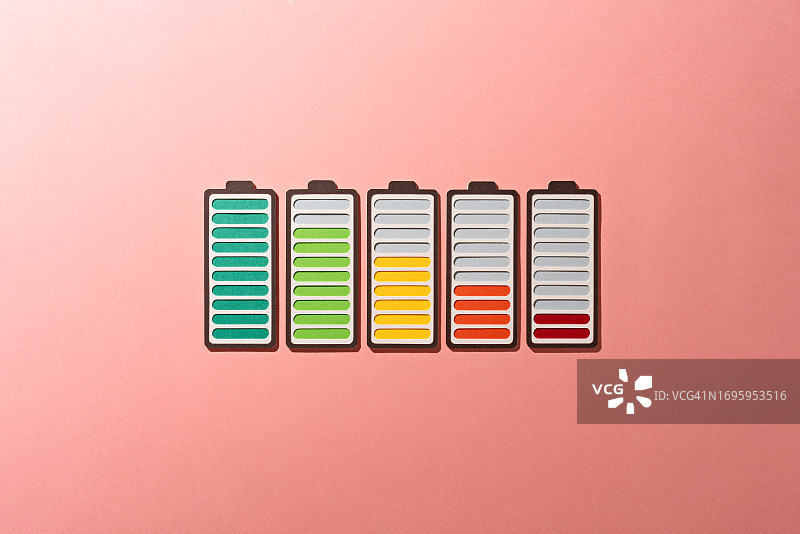 电池电量指示器：从满电到低电图片素材