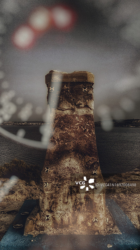 沿海地区的岩石塔，带有数字图表，元宇宙入口图片素材