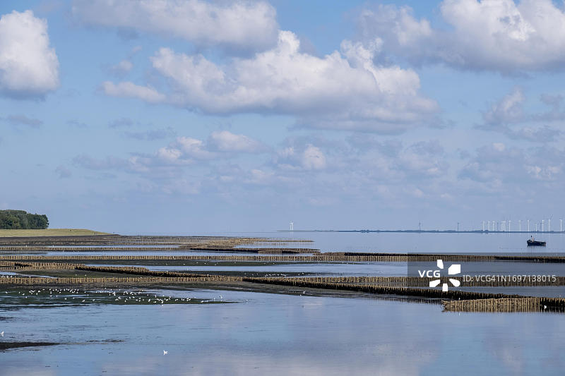 低潮时分的泥滩景观，背景是带有风力涡轮机的大陆，德国石勒苏益格-荷尔斯泰因州图片素材