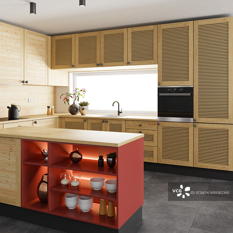 豪华哑光木质简约厨房内饰，配红色长岛台图片素材