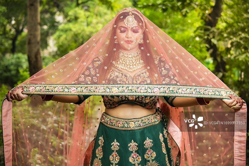 身穿纱丽和珠宝的印度新娘图片素材