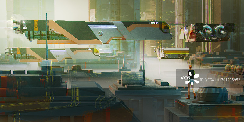 具有飞行自动驾驶车辆的未来城市景观图片素材