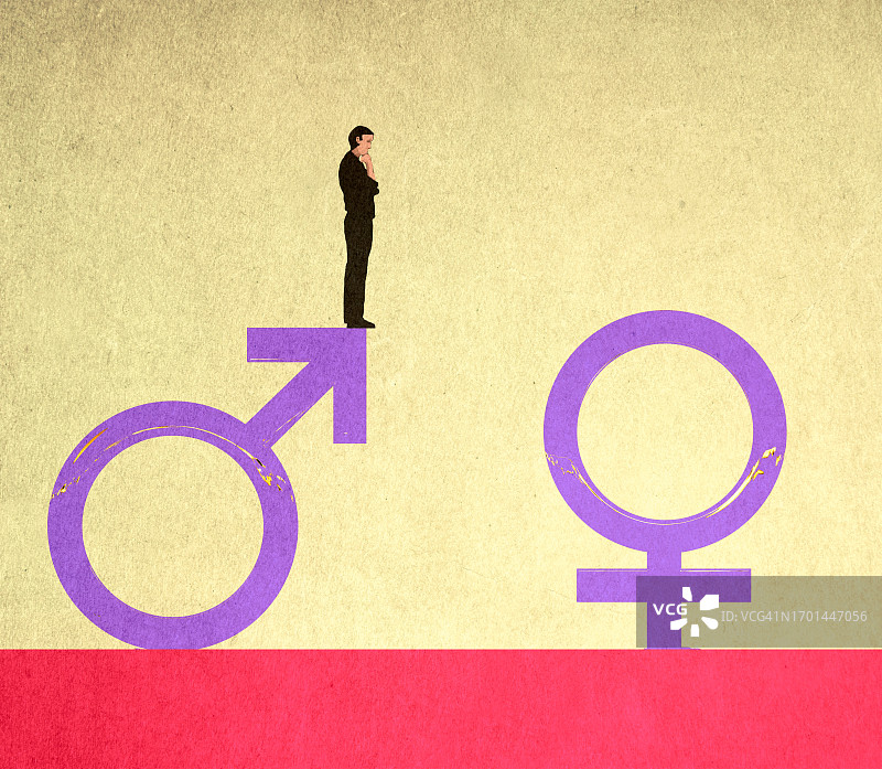困惑的男人看着男性符号边缘的女性符号图片素材