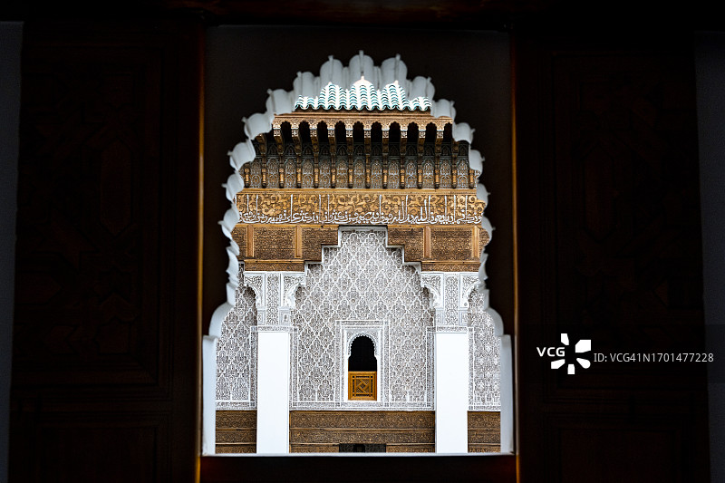 摩洛哥马拉喀什-萨菲地区本·优素福神学院内部图片素材
