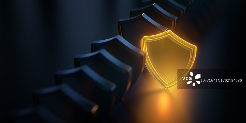 安全概念：发光盾牌图标，现代未来科技背景，3D渲染图片素材