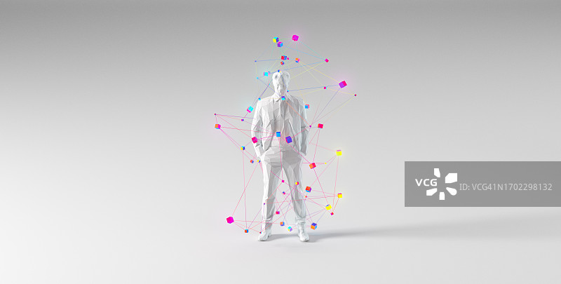 网络计算和技术概念。站在浅灰色背景上的具有数字网络的商人图片素材