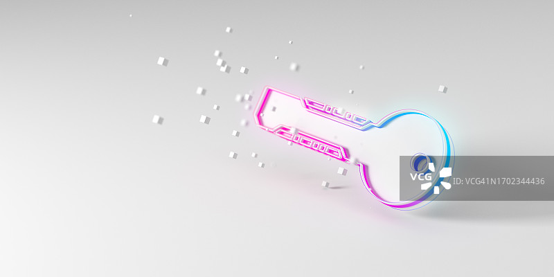 数字密钥认证和安全。具有未来主义密钥图标和霓虹灯的现代技术背景。CGI 3D渲染。图片素材