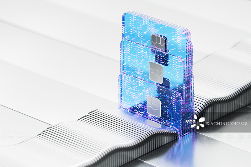 金融科技创新：连接金融科技和AI。彩色信用卡和数字数据流的数字图像。数据洞察图片素材