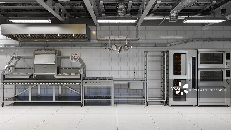 带层式烤箱和厨具的现代工业厨房内景图片素材