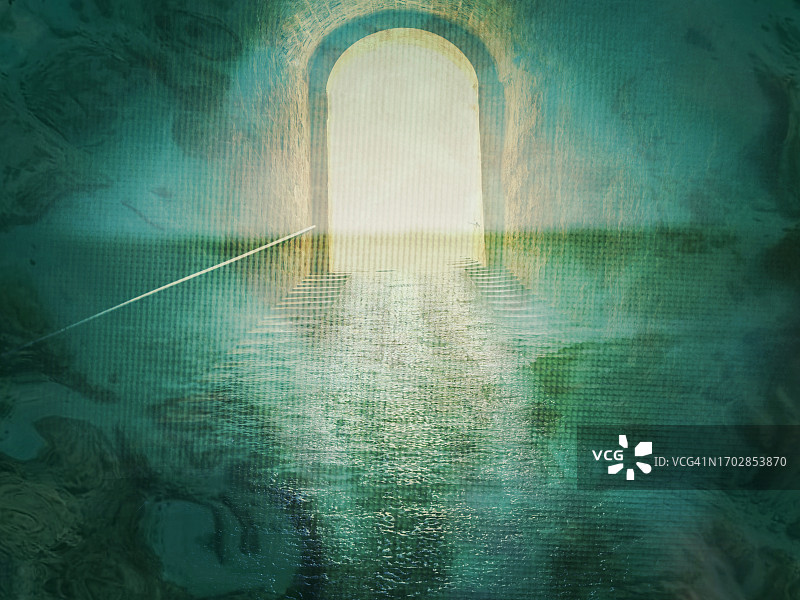 海面上的门、拱门和元宇宙入口图片素材