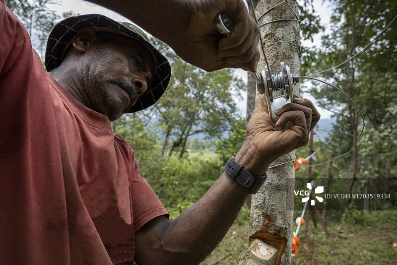 男人用紧线工具拉紧电线——库存照片图片素材
