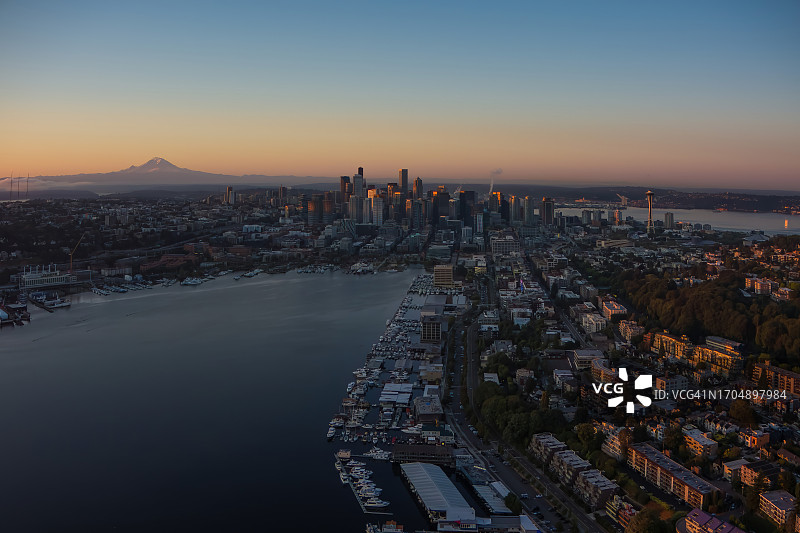 西雅图联合湖晨光航拍图片素材