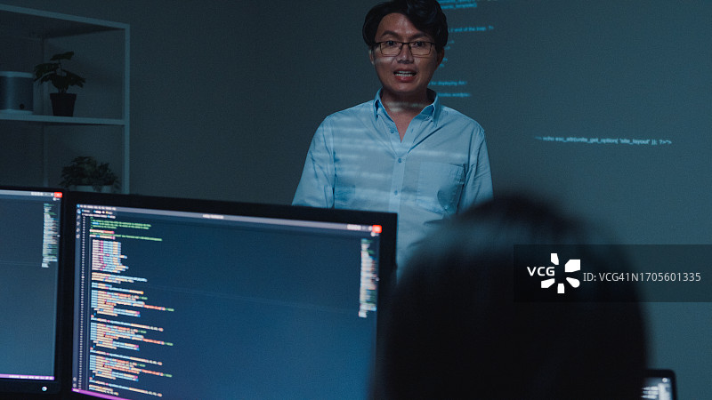 年轻的亚洲男人作为软件开发者导师，与高管团队交谈并分析源代码图片素材