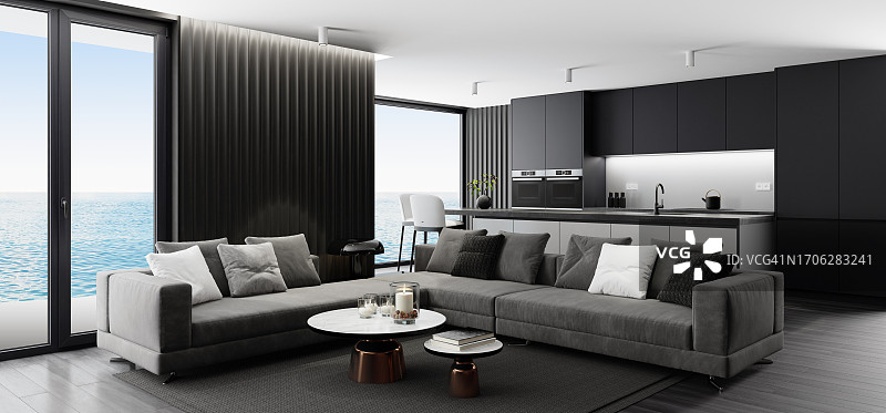 现代简约黑色公寓豪华内饰：带皮凳的现代厨房客厅图片素材