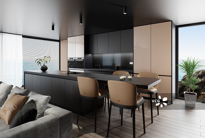 现代简约黑色公寓豪华内饰：带皮凳的现代厨房客厅图片素材