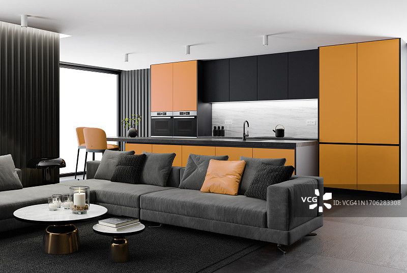 现代简约黑色公寓豪华内饰：带皮凳的现代厨房客厅图片素材