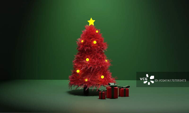 红色圣诞树背景3D渲染图片素材